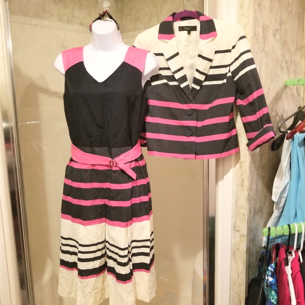 Size 4, Un Jour Ailleurs black pink stripe 2pc dress and blazer set